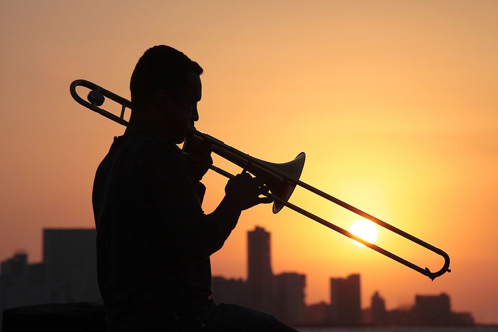Trombone player in the sunset